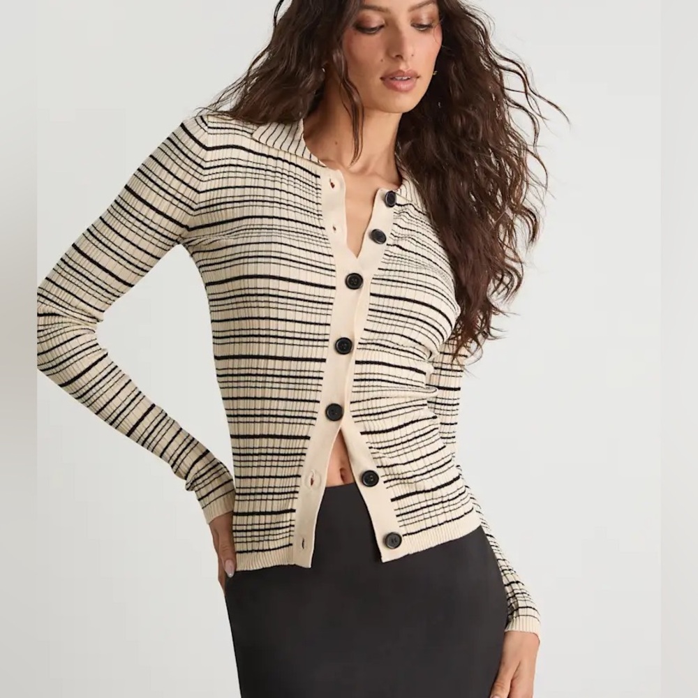 NWT Lulus Lucie Cream & Black Striped Ribbed Button Up Sweater Top size Large
